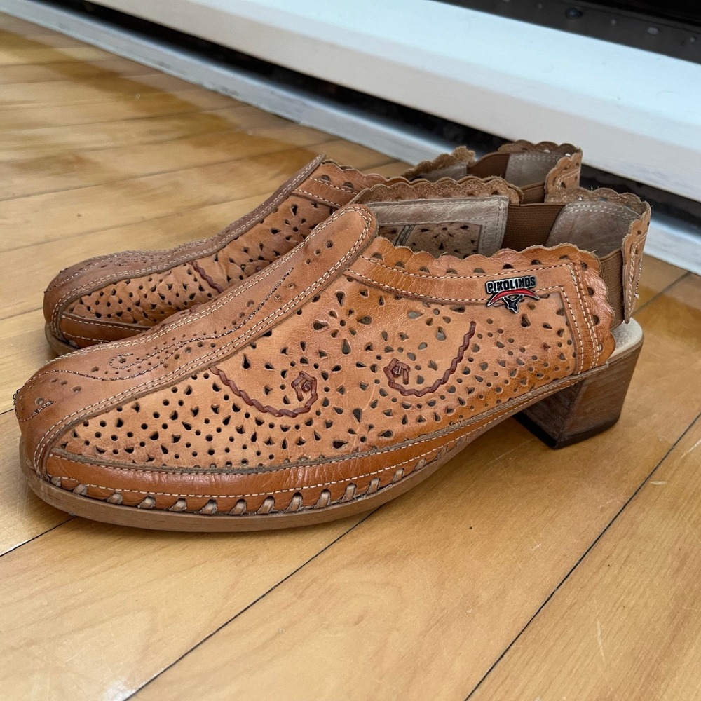 Pikolinos Tan Leather Laser Cut Perforated Slingback Block Heel Sandals Spain 39 - Picture 3 of 7